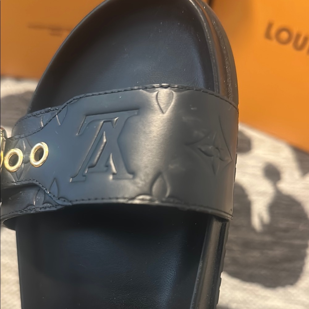 Louis Vuitton “Bom Dia” Black Sandals with Gold Details - Picture 9 of 16